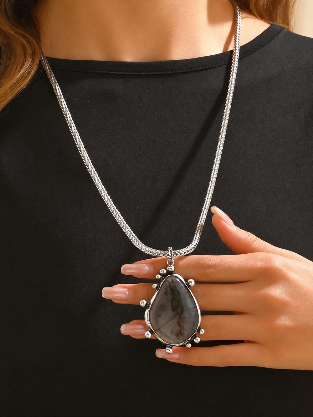 Silver Teardrop Pendant Necklace with Gray Stone - Women Jewelry